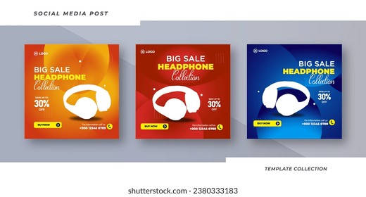 Set of editable square banner templates, Modern and elegant wireless headphone brand product for social media post template or web banner. Headphones new arrival social media post