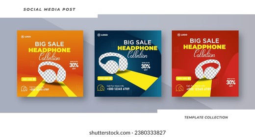 Set of editable square banner templates, Headphone sale social media post banner mini flyer template vector