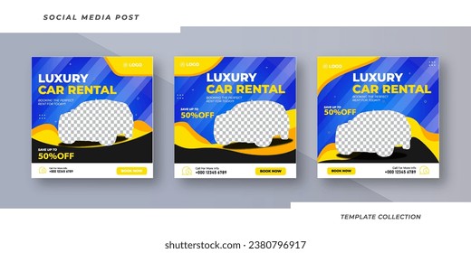 Conjunto de plantillas de banner cuadrado editables, alquiler de coches de lujo diseño de publicaciones en medios sociales y venta conjunto de banners, diseño de plantillas de promoción de venta de negocios