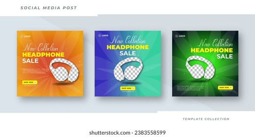 Set of editable square banner templates, Headphone sale social media post banner flyer template vector