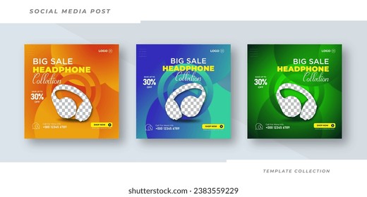 Set of editable square banner templates, Headphone sale social media post banner flyer template vector