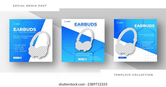 Set of editable square banner templates, Earbuds headphone social media post template