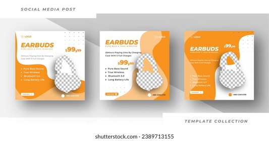 Set of editable square banner templates, Earbuds headphone social media post template