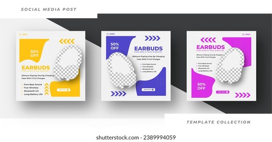 Set of editable square banner templates, Earbuds headphone social media post template