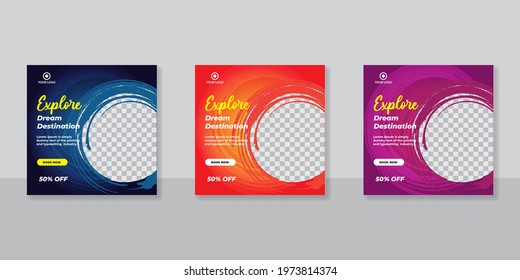 Set of Editable square banner for Travel social media post, Template banner for travel ads with abstract shape, Vector illustration.	