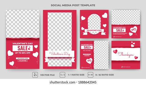 Set of Editable square banners design. Valentine's day sale banner design with love decoration and photo collage. Suitable for social media feed, story, banner, and web. Flat design vector isolated.