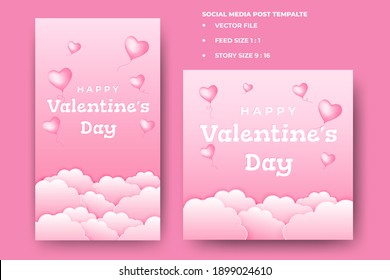 Set of Editable square banners design. Valentine's day banner design with love balloon and sky illustration. Suitable for social media feed, story, banner, and web. Flat design vector isolated.