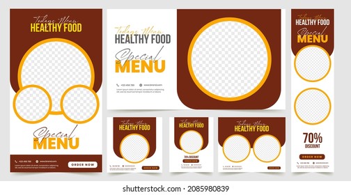 Set Of Editable Square Banners. Food Instagram Post Template Design. Suitable For Social Media Post Restaurant And Culinary Promotion. Red And Yellow Background Color With Stripe Line Shape Vector.