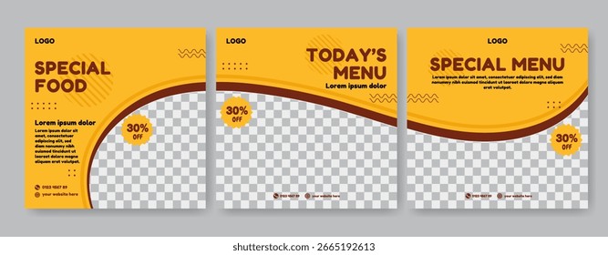 Conjunto de banners quadrados editáveis. Design de modelo de postagem de comida. Adequado para Social Media Post Restaurante e Promoção culinária.