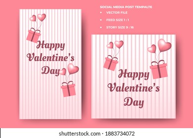 Set of Editable square banners. Happy valentine's day banner design. Illustration of love balloon brings a gift box. Usable for social media feed, story, and banner. Flat design vector isolated