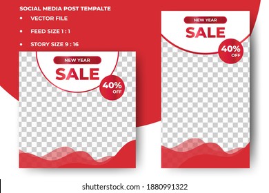 Set of Editable square banners. New year social media promotion banner template. Abstract red and white shape with a photo collage. Suitable for social media feed, story, and web internet ads.