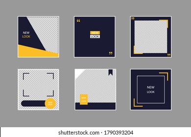 Set of editable square banners. Social media poster template in black and yellow. Square frame with transparent background. Isolated booklet mockup. New look flyer. Sale collection. EPS 10.