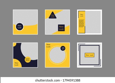 Set of editable square banners. Social media poster template in black and yellow. Square frame with transparent background. Isolated booklet mockup. Star shape. Sale collection. EPS 10