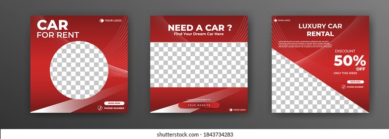 Set of editable square banners template. Car rental social media post template with red background and photo collage. Usable for social media post , banner and internet ads.