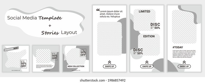 Conjunto de banners cuadrados editables diseño de plantillas para la venta de moda historias de medios sociales. Fondo de forma de color amarillo y blanco. Gran promoción. Venta de descuento por publicidad de vectores.