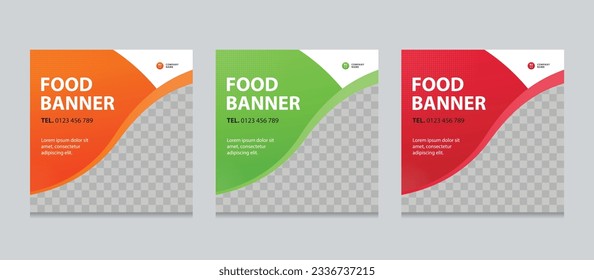 Conjunto de plantilla de diseño de banner web editable cuadrado de negocios. color de los degradados de fondo. descuento por venta de alimentos. Adecuado para publicaciones en medios sociales, historias en instagram y anuncios web. con Espacio para agregar imágenes.