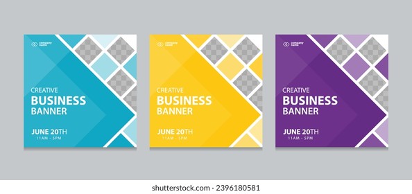 Set of Editable square business web banner design template. Suitable for social media post, instagram story and web ads. Vector illustration with Space to add pictures.