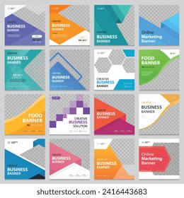 Set of Editable square business web banner design template. Suitable for social media post, instagram stories and web ads. Vector illustration with Space to add pictures.