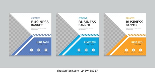 Set of Editable square business web banner design template. Suitable for social media post, instagram story and web ads. Vector illustration with Space to add pictures.