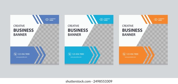 Set of Editable square business web banner design template. Suitable for social media post, instagram story and web ads. Vector illustration with Space to add pictures.