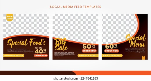 Set of Editable square feeds template design for food post on social media. Suitable for Social Media Post restaurant and culinary digital Promotion. dark red background color.