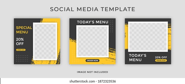 Set of Editable square food banner template designs with brushstrokes. Suitable for Social Media Post restaurant and culinary digital Promotion.