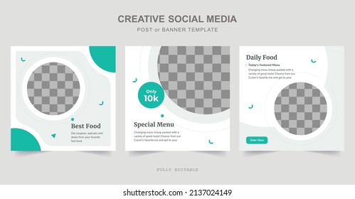 Set of Editable square Food Banners. Food Instagram post template design. Suitable for Social Media Post, Restaurant and  Promotion. Instagram Food Restaurant Posts. Premium Vector