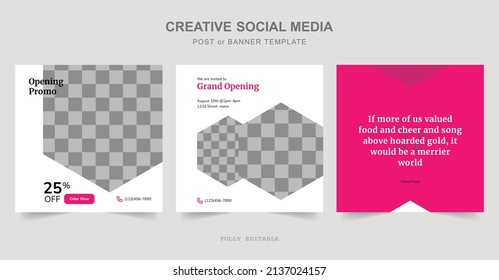 Set Of Editable Square Food Banners. Food Instagram Post Template Design. Suitable For Social Media Post, Restaurant And  Promotion. Instagram Food Restaurant Posts. Premium Vector