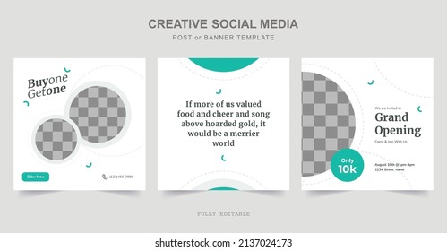 Set of Editable square Food Banners. Food Instagram post template design. Suitable for Social Media Post, Restaurant and  Promotion. Instagram Food Restaurant Posts. Premium Vector