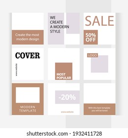 Set of editable square photo collage banners. Minimalism instagram templates for social media posting and online advertising. Classic Gold color style. Trend vector illustration.