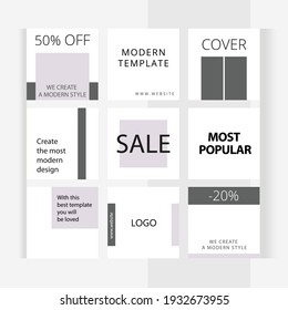 Set of editable square photo collage banners. Minimalism instagram templates for social media posting and online advertising. Delicate gray color style. Trend vector illustration.