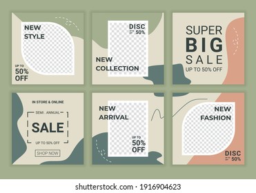 Set of editable square puzzle banner template. Social media post template spa and massage, skincare, fashion or other uses. Soft color with photo collage. Usable for social media feed discount promo.