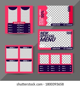 Establezca una plantilla de banner de publicación cuadrada y editable para el restaurante de postales digitales. Adecuado para publicidad, banner y más. Forma de color de fondo rojo y azul oscuro. ilustración de vector premium