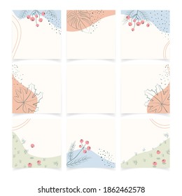 Set of editable square social media posts templates with floral elements. Abstract minimal background in soft pastel colors. Social media post frame puzzle feed with organic shapes. Web banner design