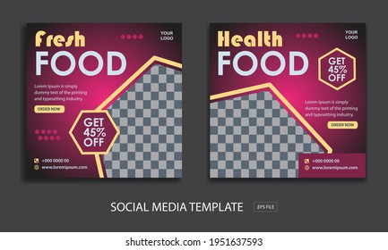 Set of Editable square social media banner template. for promotion health food and fresh food , Black and red background color with stripe line shape.