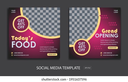 Set of Editable square social media banner template. for promotion today food and grand opening , Black and red background color with stripe line shape.