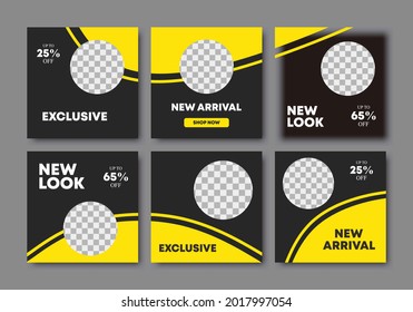 Set of editable square template design for social media post in black and yellow background color. Sale banner for product marketing. Vector illustration with photo college
