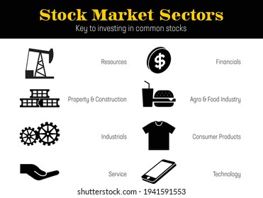 Set Of Editable Stock Market Sectors Icons, Key To Investing In Common Stocks. Black And White Icons For Website And Mobile Application.