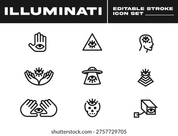 Set of Editable Stroke Illuminati Line Icons. Graphic and Digital Design Line Logos Icons. All seeing eye icons.