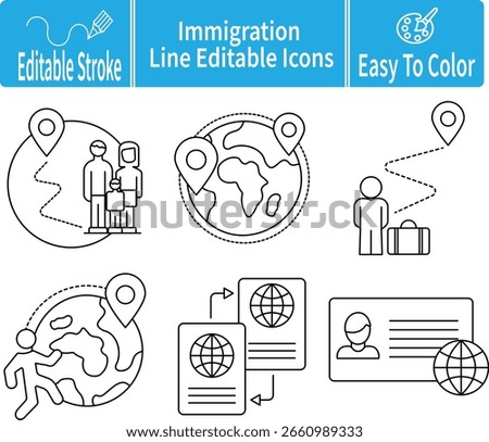A set of editable stroke immigration line icons including passport, visa, globe, travel route, family, and identification card. Ideal for travel, legal, or migration topics.