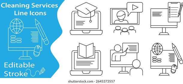 Conjunto de ícones editáveis da linha de traçado para educação on-line, apresentando aprendizagem digital, tutoriais, laptops, lista de verificação, livros, sala de aula global e ferramentas de e-learning.