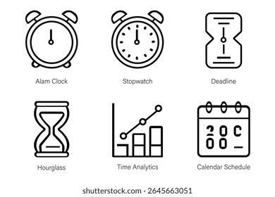 Conjunto de ícones editáveis de linha de traçado relacionados ao gerenciamento de tempo, incluindo relógio de alarme, cronômetro, ampulheta de prazo final, análise de gráfico e planejador de calendário. Ideal para aplicativos, sites, infográficos.