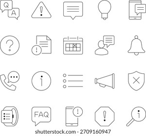 Conjunto de iconos de línea de trazo editables que representan información y símbolos de notificación, adecuados para proyectos de interfaz de usuario y Diseño web.
