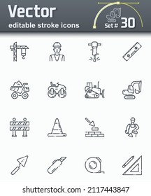 Set of editable stroke vector construction line icons isolated on white transparent background.