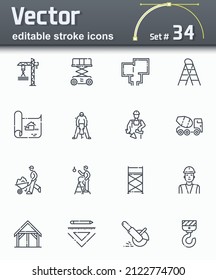 Set Of Editable Stroke Vector Construction Line Icons Isolated On White Transparent Background.