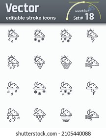 Conjunto de iconos de línea de pronóstico meteorológico de trazo editable aislados en fondo transparente.