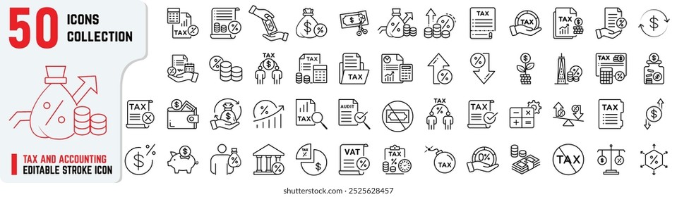 Set of Editable Tax and Accounting icons, also includes auditing, tax refund, finance, analysis, report, IRS, VAT, savings, financial statement. Tax thin line icons