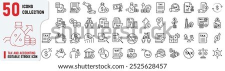 Set of Editable Tax and Accounting icons, also includes auditing, tax refund, finance, analysis, report, IRS, VAT, savings, financial statement. Tax thin line icons