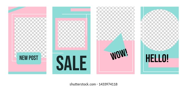 Set of editable template for social media stories. Vector illustration with abstract shapes in pink and mint colors on white background.