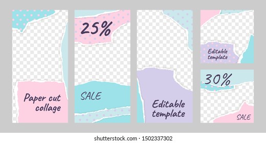 Set of editable template for social media posts and stories in paper cut collage design. Stylish design backgrounds in pastel retro style. Fashion and lifestyle blog template, vector Illustration.